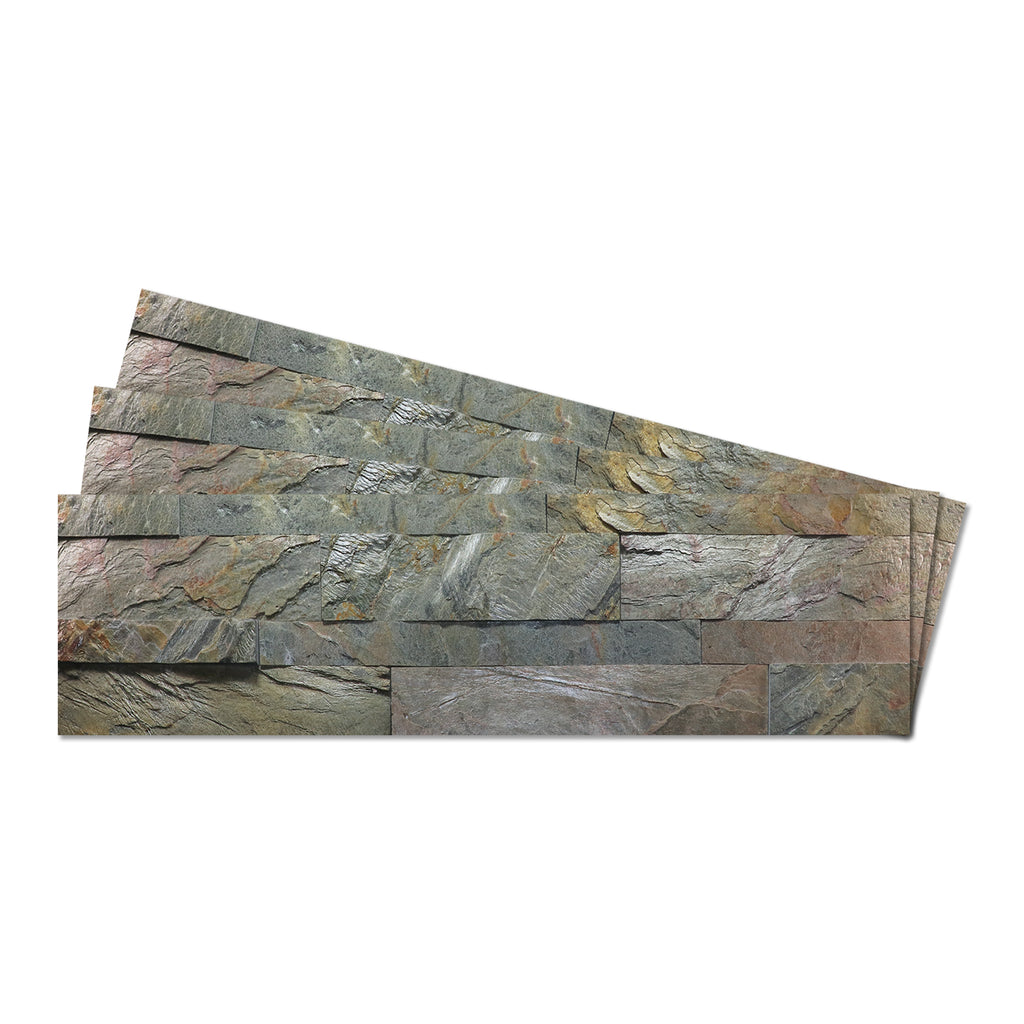 A product image of green & grey colored burning forest peel and stick self-adhesive real stone wall tiles from stoneflex.
