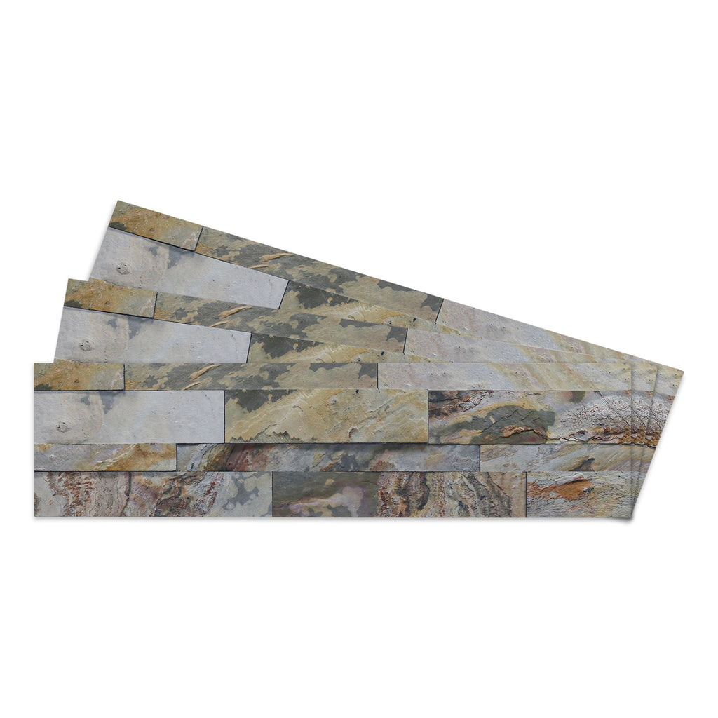 A product image of green, grey & red colored Indian autumn peel and stick self-adhesive real stone wall tiles from stoneflex. 