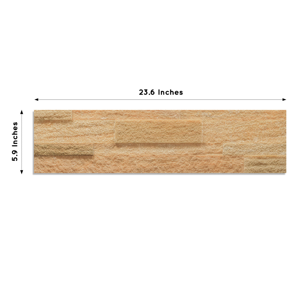 A product image of light brown colored burly wood peel and stick self-adhesive real stone wall tiles from stoneflex showing the dimensions of each tile measuring 23.6 x 5.9 inches.