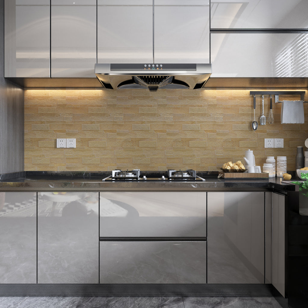 A product image of light brown colored burly wood peel and stick self-adhesive real stone wall tiles from stoneflex stuck on to a kitchen backsplash.