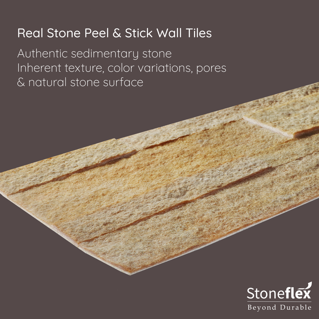 A product image of light brown colored burly wood peel and stick self-adhesive real stone wall tiles from stoneflex explaining the qualities of the tiles as they are made of authentic sedimentary stone with an inherent texture, color variations, pores & natural stone surface.