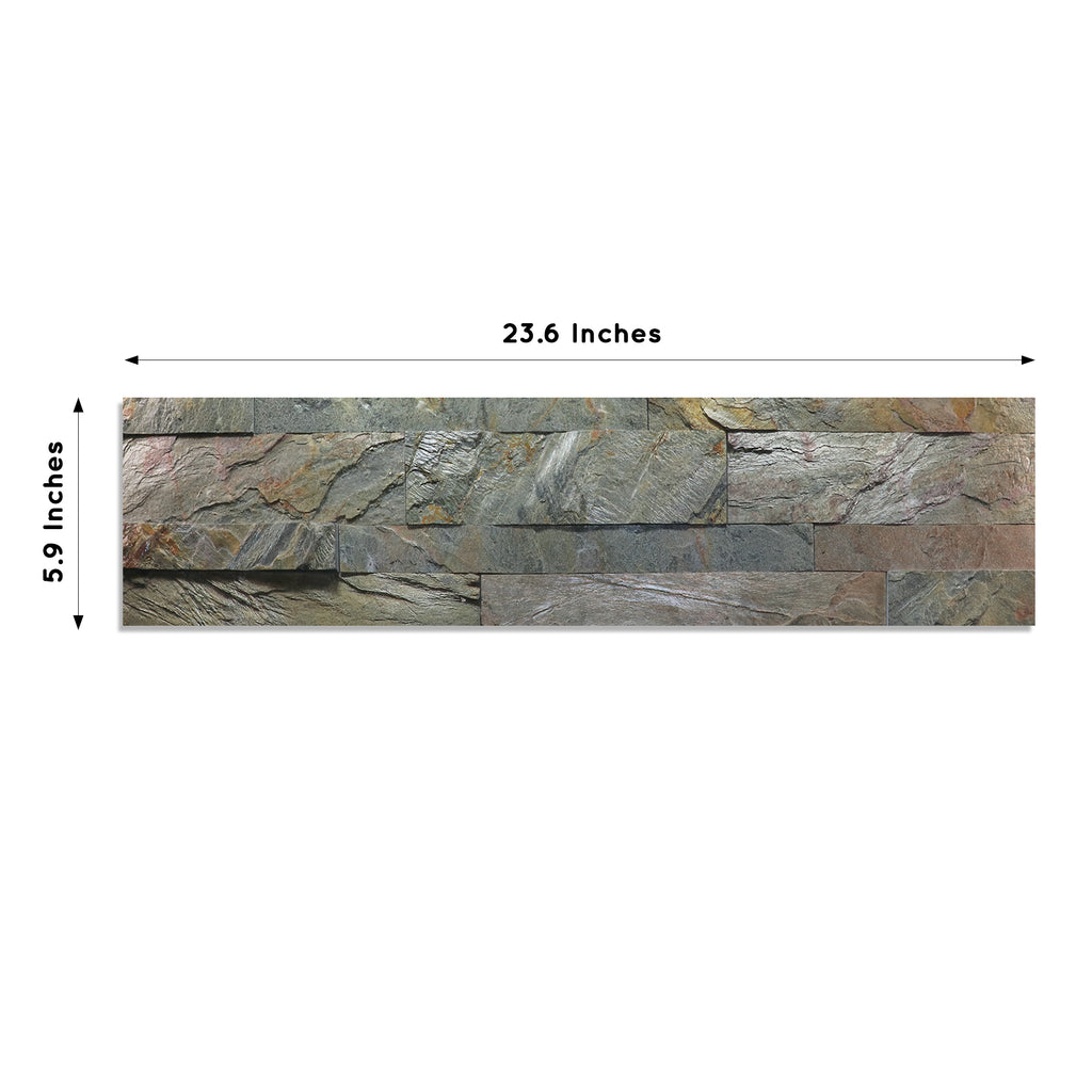A product image of green & grey colored burning forest peel and stick self-adhesive real stone wall tiles from stoneflex showing the dimensions of each tile measuring 23.6 x 5.9 inches.
