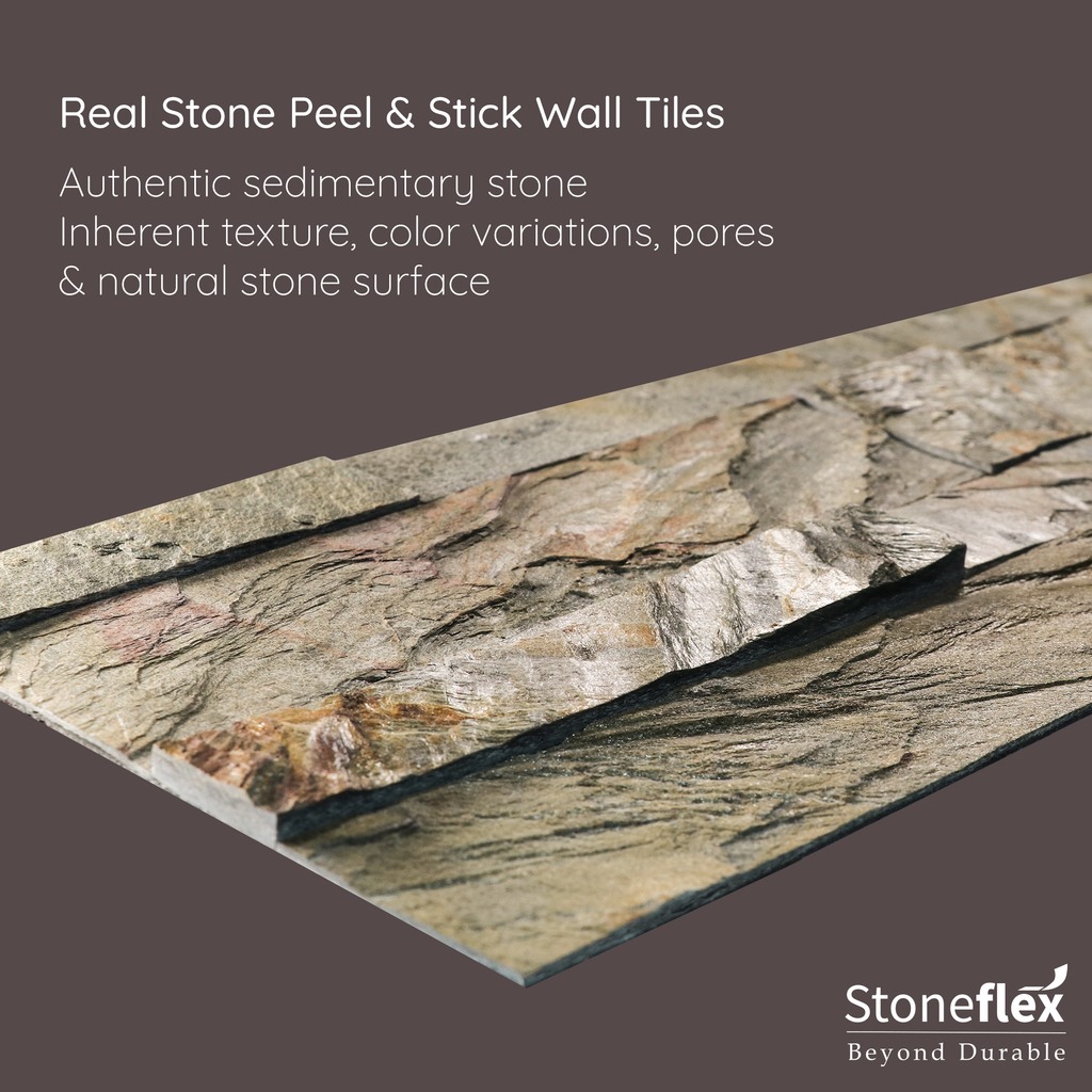 A product image of green & grey colored burning forest peel and stick self-adhesive real stone wall tiles from stoneflex explaining the qualities of the tiles as they are made of authentic sedimentary stone with an inherent texture, color variations, pores & natural stone surface.