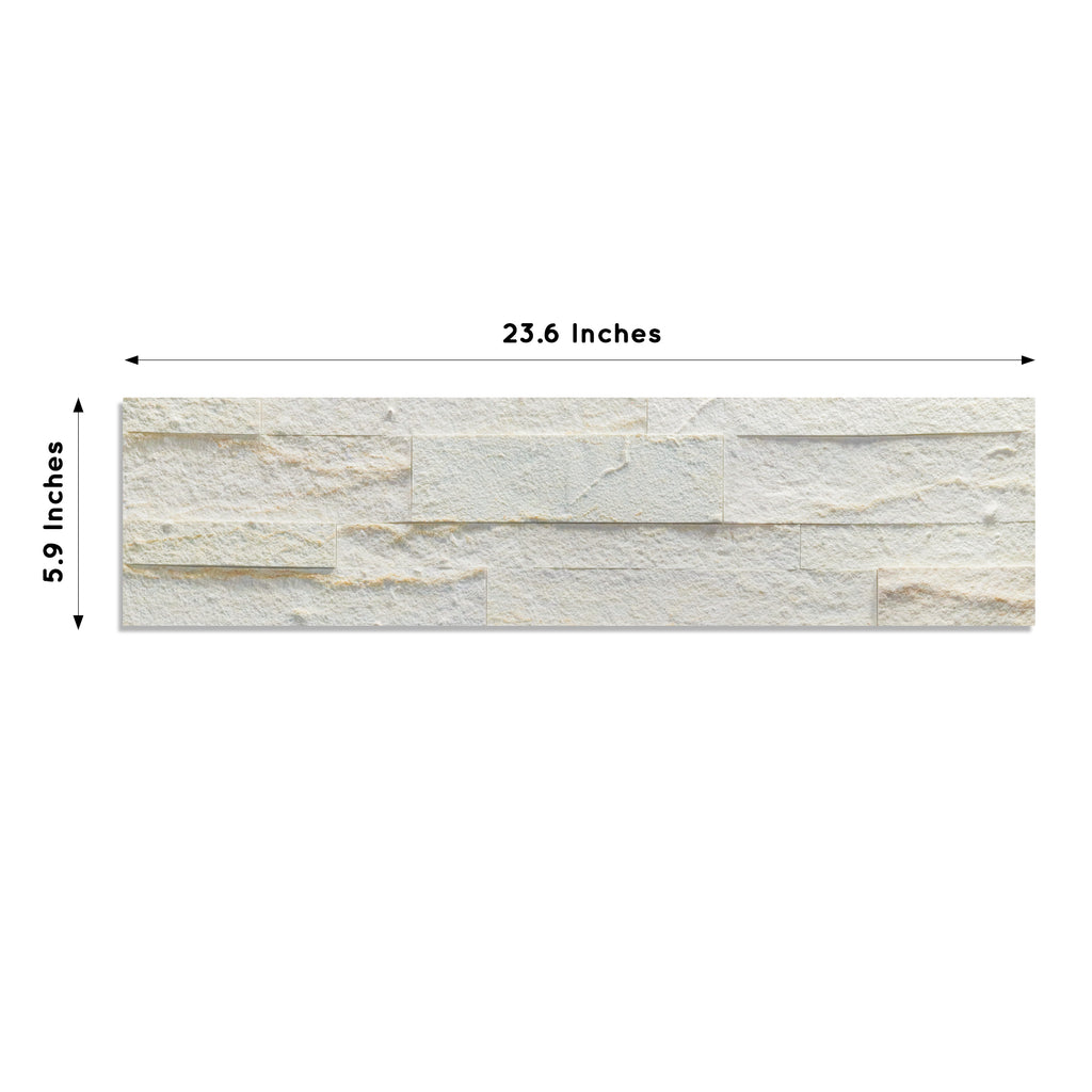A product image of off-white colored ecru white peel and stick self-adhesive real stone wall tiles from stoneflex showing the dimensions of each tile measuring 23.6 x 5.9 inches.