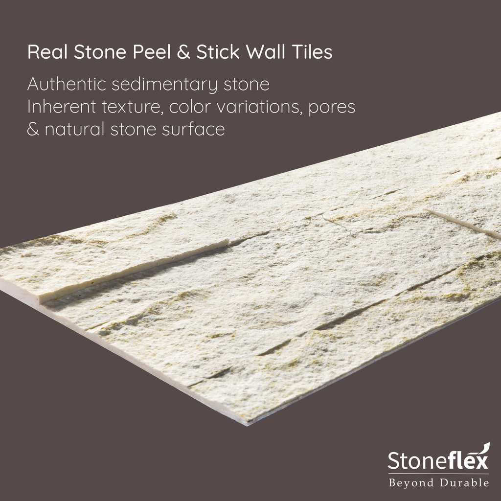 A product image of off-white colored ecru white peel and stick self-adhesive real stone wall tiles from stoneflex explaining the qualities of the tiles as they are made of authentic sedimentary stone with an inherent texture, color variations, pores & natural stone surface.