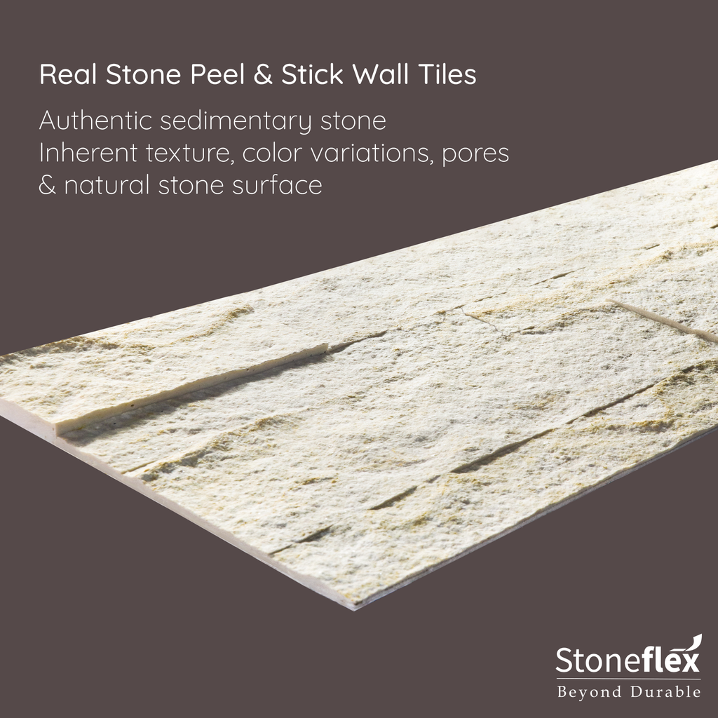 Ecru White 3D Peel & Stick Self-Adhesive Real Stone Tiles | Stone-Flex ...