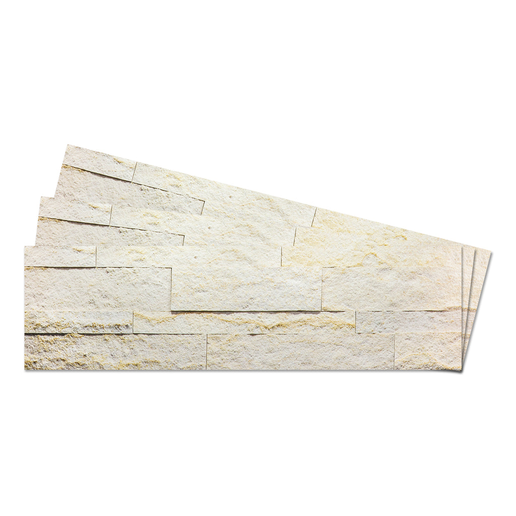 A product image of off-white colored ecru white peel and stick self-adhesive real stone wall tiles from stoneflex.