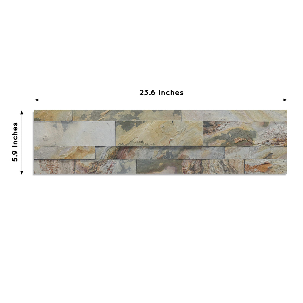 A product image of green, grey & red colored Indian autumn peel and stick self-adhesive real stone wall tiles from stoneflex showing the dimensions of each tile measuring 23.6 x 5.9 inches.