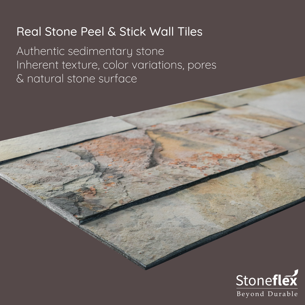 A product image of green, grey & red colored Indian autumn peel and stick self-adhesive real stone wall tiles from stoneflex explaining the qualities of the tiles as they are made of authentic sedimentary stone with an inherent texture, color variations, pores & natural stone surface.