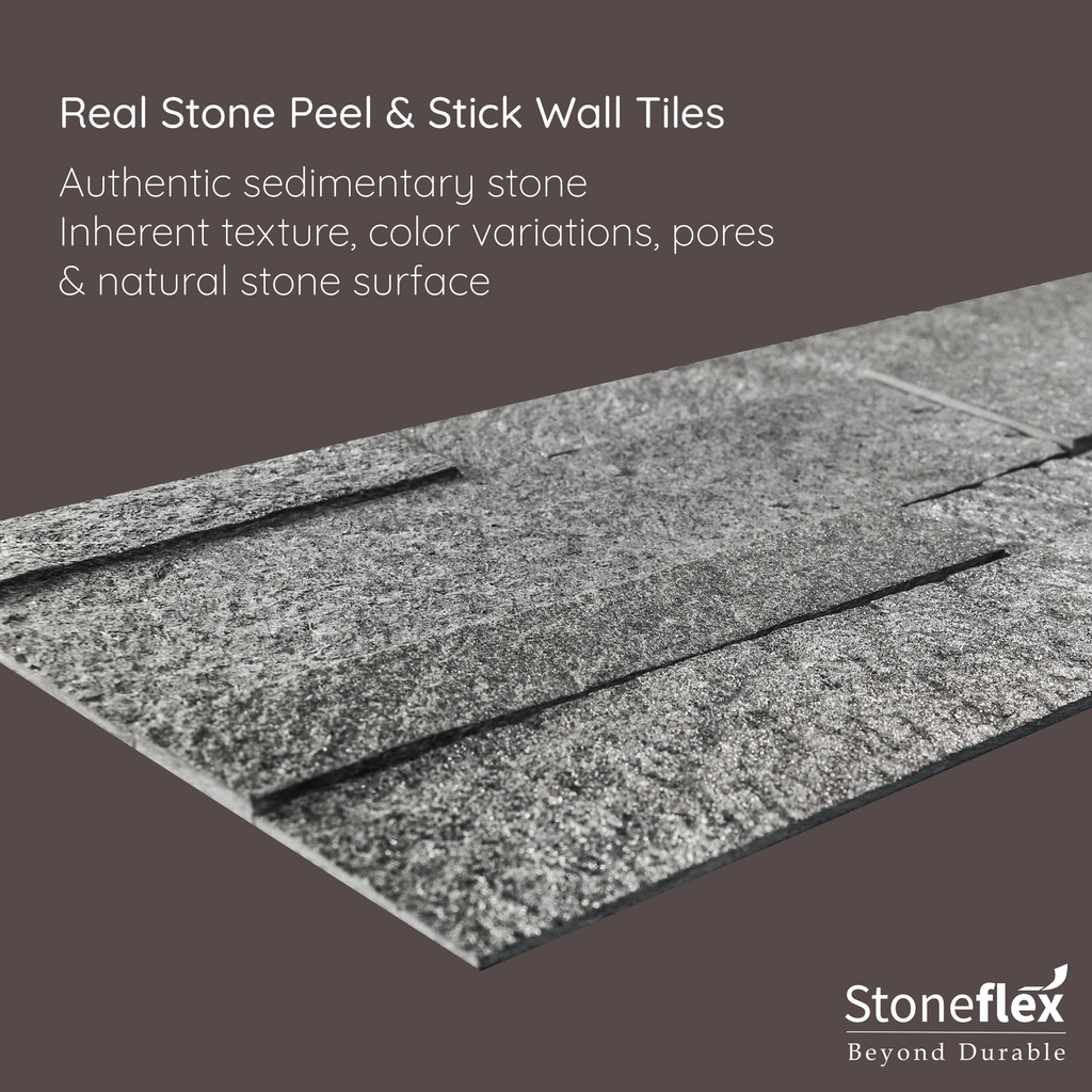 A product image of steel grey colored Oslo smoke peel and stick self-adhesive real stone wall tiles from stoneflex explaining the qualities of the tiles as they are made of authentic sedimentary stone with an inherent texture, color variations, pores & natural stone surface.