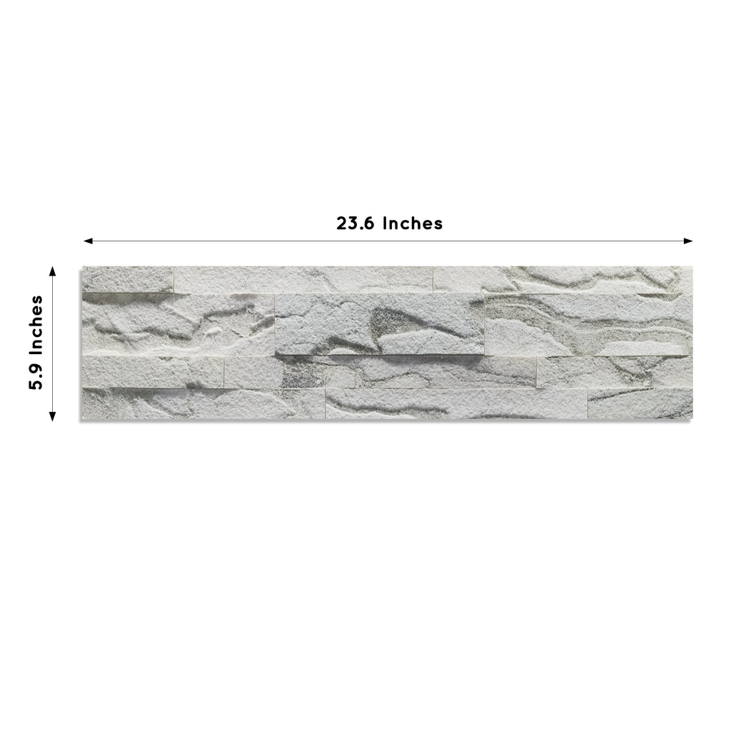 A product image of white & grey colored Pearl bush peel and stick self-adhesive real stone wall tiles from stoneflex showing the dimensions of each tile measuring 23.6 x 5.9 inches.