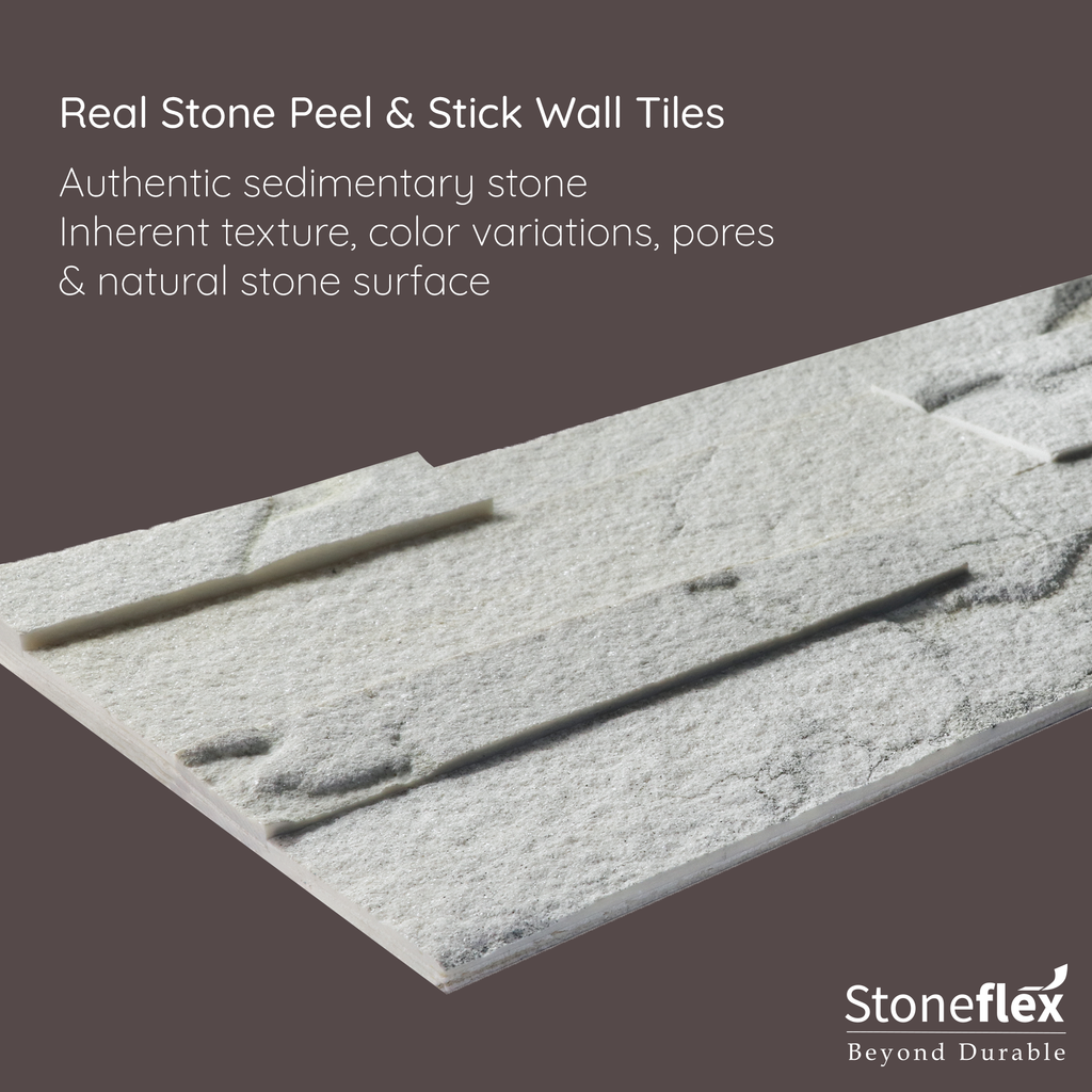 A product image of white & grey colored Pearl bush peel and stick self-adhesive real stone wall tiles from stoneflex explaining the qualities of the tiles as they are made of authentic sedimentary stone with an inherent texture, color variations, pores & natural stone surface.
