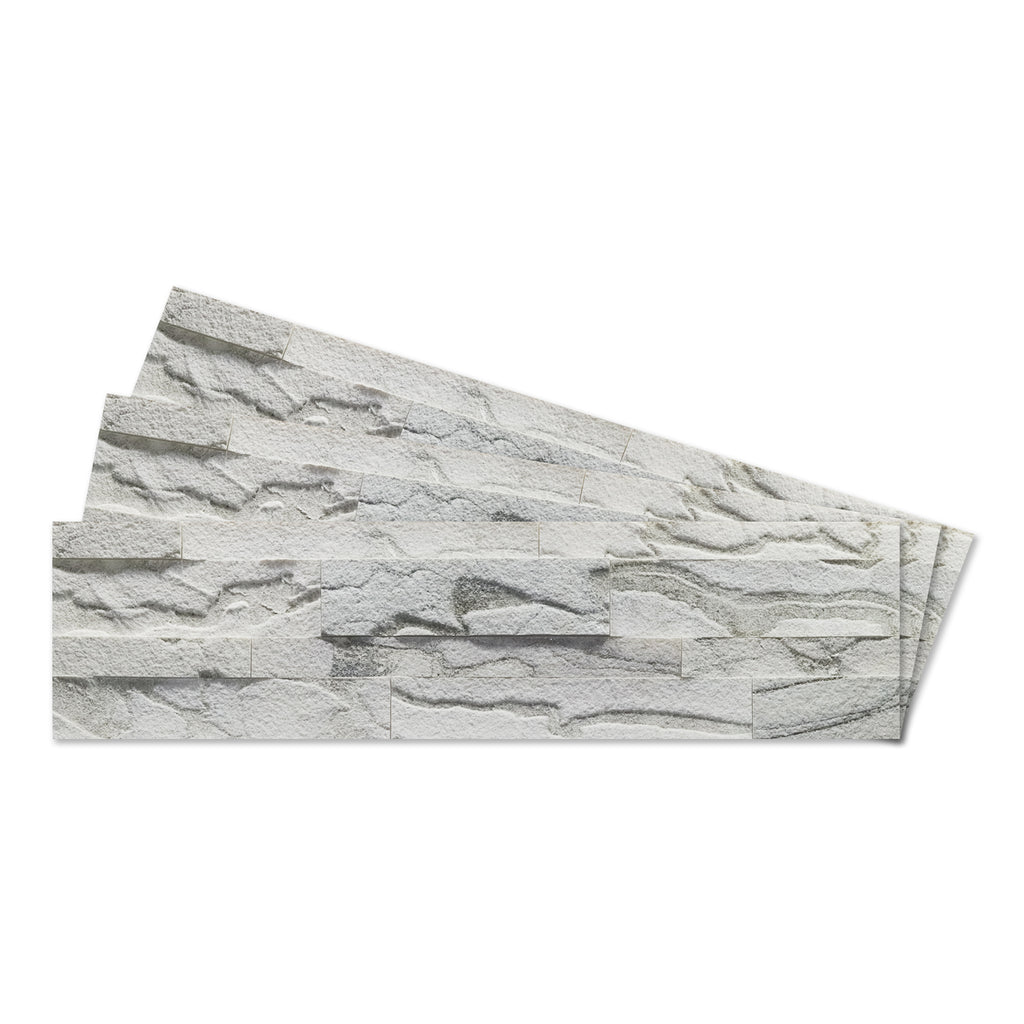 A product image of white & grey colored Pearl bush peel and stick self-adhesive real stone wall tiles from stoneflex.