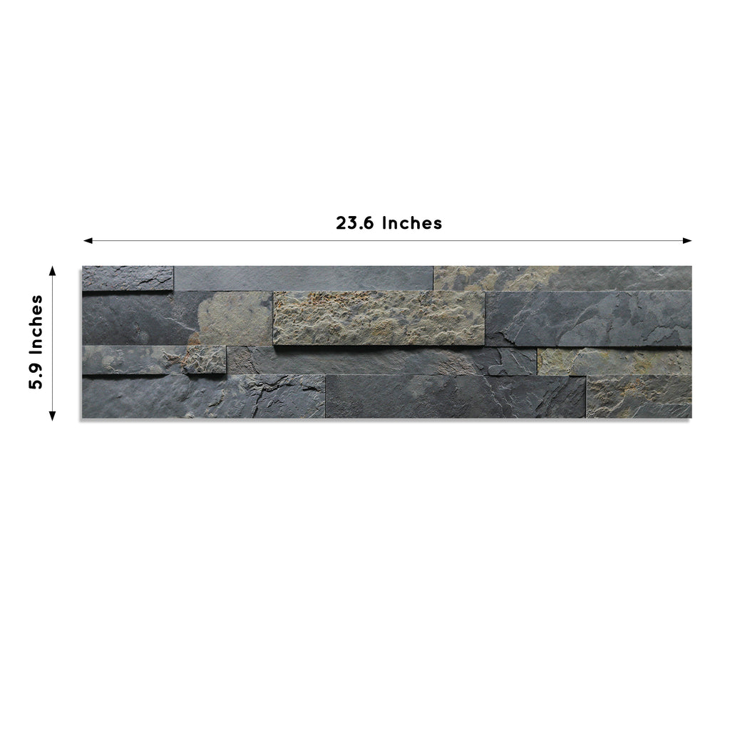 A product image of grey & beige colored Rustic slate peel and stick self-adhesive real stone wall tiles from stoneflex showing the dimensions of each tile measuring 23.6 x 5.9 inches.