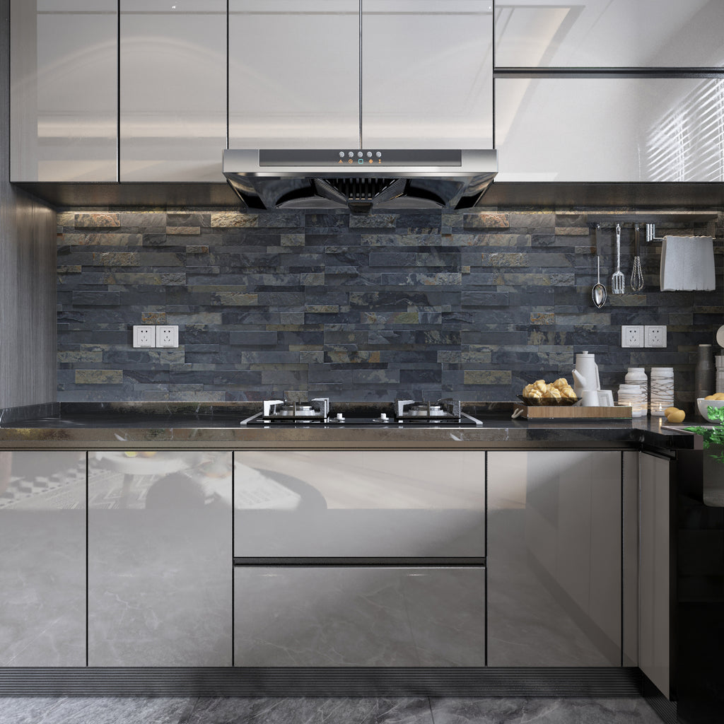 A product image of grey & beige colored Rustic slate peel and stick self-adhesive real stone wall tiles from stoneflex stuck on to a kitchen backsplash.