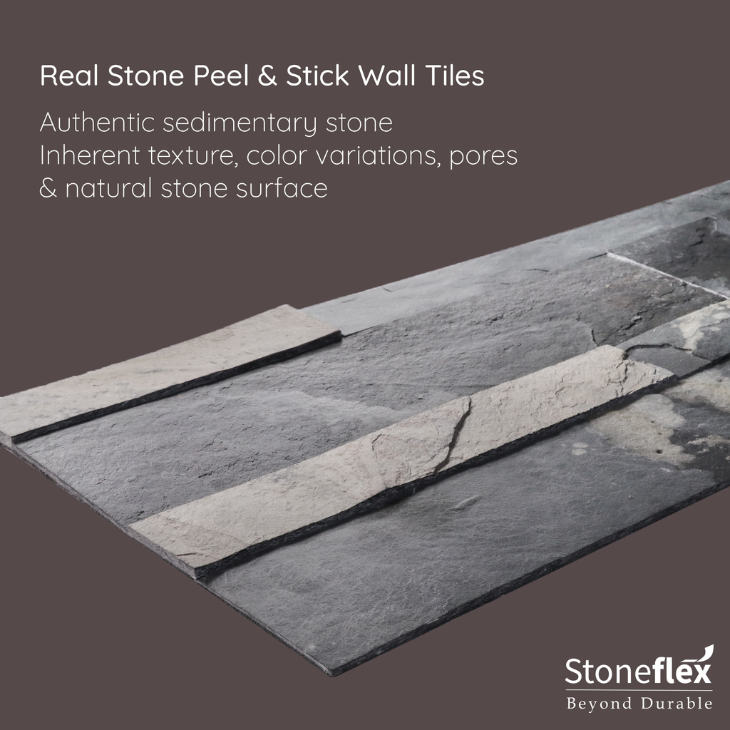 A product image of grey & beige colored Rustic slate peel and stick self-adhesive real stone wall tiles from stoneflex explaining the qualities of the tiles as they are made of authentic sedimentary stone with an inherent texture, color variations, pores & natural stone surface.