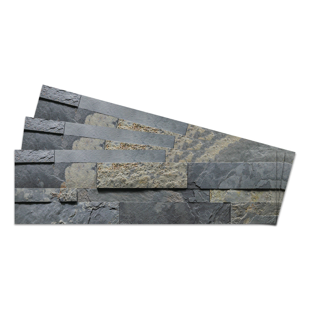 A product image of grey & beige colored Rustic slate peel and stick self-adhesive real stone wall tiles from stoneflex.