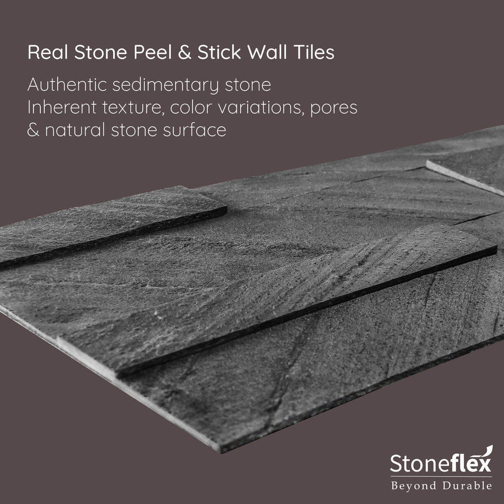 A product image of dark grey colored Shadow Grey peel and stick self-adhesive real stone wall tiles from stoneflex explaining the qualities of the tiles as they are made of authentic sedimentary stone with an inherent texture, color variations, pores & natural stone surface.