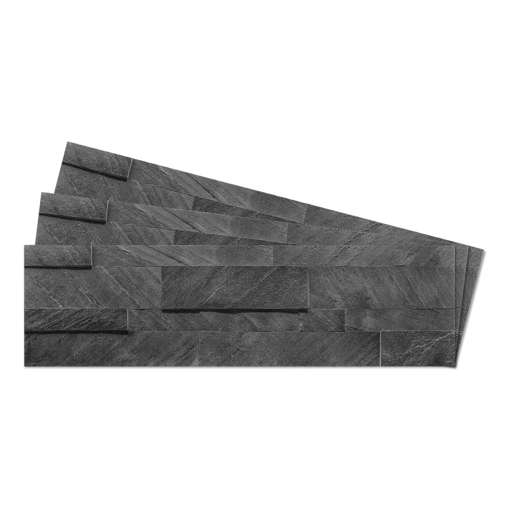 A product image of dark grey colored Shadow Grey peel and stick self-adhesive real stone wall tiles from stoneflex. 